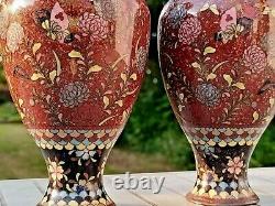 Antique 19th Century Japanese Meiji Cloisonné Enamel Goldstone Bronze Vases Pair