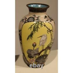 Antique 19th Japanese Bronze Pair of cloisonné vases with Ibis decor