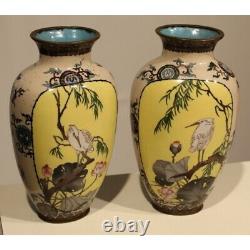 Antique 19th Japanese Bronze Pair of cloisonné vases with Ibis decor