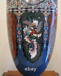 Antique 19th c Japanese Meiji Period Cloisonne Dragon Phoenix Enamel Vase 24 T