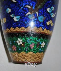 Antique 19thc Japanese Cloisonne Enamel Vase w Gold Stone PHOENIX DRAGON 11 wow