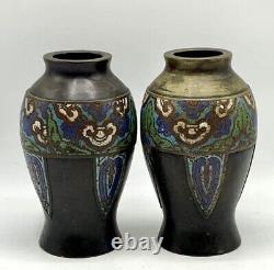 Antique 2 Japanese Cloisonne Scholars Vases Turquoise Bronze Enamel Edo 18th C