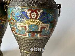 Antique 2 PC Japanese Bronze Champleve Enameled Vase Dragon Foo Dog Handles