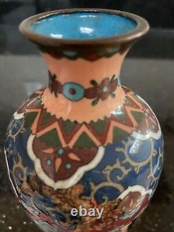 Antique 6H Japanese Meiji Phoenix & Butterfly Cloisonné Brass Vase