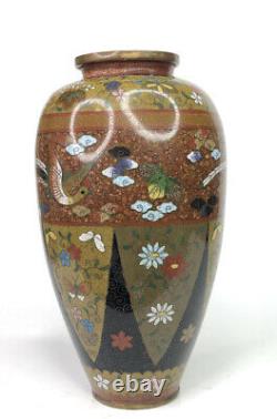 Antique 7.25 Japanese Cloisonne Vase Bronze Phoenix Butterfly Flower Sparkles