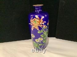 Antique Authentic Japanese Cobalt Blue & Multi Color Floral Cloisonné Vase N. R