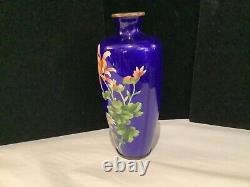 Antique Authentic Japanese Cobalt Blue & Multi Color Floral Cloisonné Vase N. R