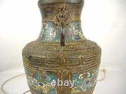 Antique Bronze Cloisonné Champleve Lamp Converted Vase Dragon Foo Dog Colorful