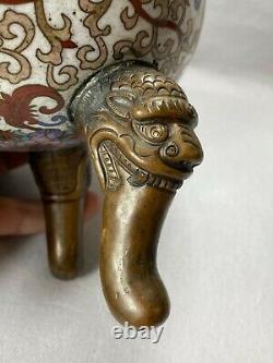 Antique Chinese Japanese Bronze & Cloisonné Koro Incense Burner w Foo Dog Faces