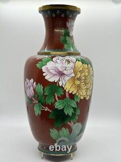 Antique Chinese or Japanese Cloisonné Vase Enamel 12 Red with Flowers