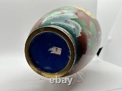 Antique Chinese or Japanese Cloisonné Vase Enamel 12 Red with Flowers