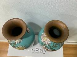 Antique Chinese or Japanese Pair of Cloisonne Vases with Birds & Floral Decoration