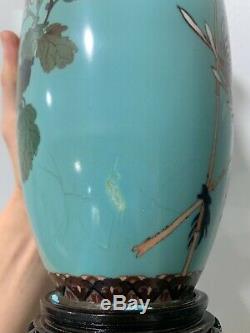 Antique Chinese or Japanese Pair of Cloisonne Vases with Birds & Floral Decoration