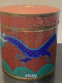 Antique Cloisonné Chinese Meiji Dragon Enamel Tea Tin container Jar & Lid