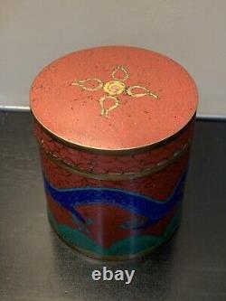 Antique Cloisonné Chinese Meiji Dragon Enamel Tea Tin container Jar & Lid