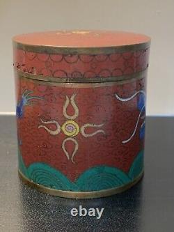 Antique Cloisonné Chinese Meiji Dragon Enamel Tea Tin container Jar & Lid