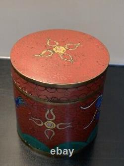 Antique Cloisonné Chinese Meiji Dragon Enamel Tea Tin container Jar & Lid