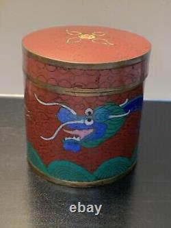 Antique Cloisonné Chinese Meiji Dragon Enamel Tea Tin container Jar & Lid