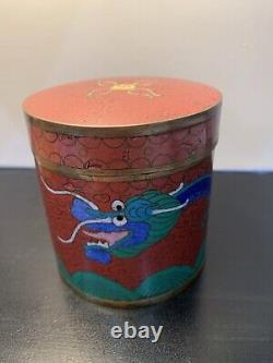 Antique Cloisonné Chinese Meiji Dragon Enamel Tea Tin container Jar & Lid