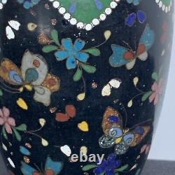 Antique Cloisonné Enamel Copper Hand Painted Butterfly Floral Bud Vase Japanese