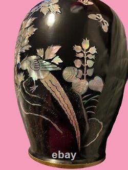 Antique Cloisonné Japanese Vase WithMother of Pearl Inlaid Mating Peacock & Stand