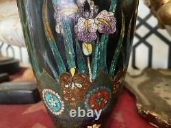 Antique Cloisonné Petite 10 Vase Iris Meiji Roundels Japanese Black Ground AF
