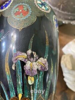 Antique Cloisonné Petite 10 Vase Iris Meiji Roundels Japanese Black Ground AF