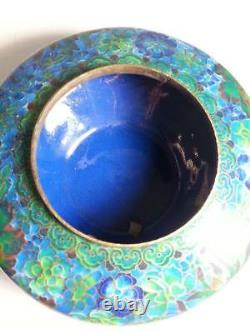 Antique EARLY JAPANESE Cloisonne Bowl w Lid Enamel on Bronze Blue Flower Motif