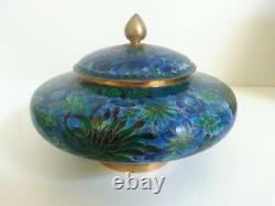 Antique EARLY JAPANESE Cloisonne Bowl w Lid Enamel on Bronze Blue Flower Motif
