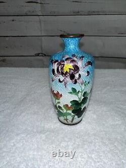 Antique Ginbari Japanese Cloisonne 5 Vase Flower Motif Enamel Vase Turquoise