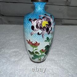 Antique Ginbari Japanese Cloisonne 5 Vase Flower Motif Enamel Vase Turquoise