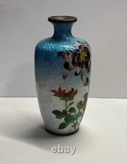 Antique Ginbari Japanese Cloisonne 5 Vase Flower Motif Enamel Vase Turquoise