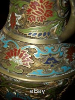 Antique Hand Painted Champleve/Cloisonne VASE Large Rare URN Bronze from JAPAN