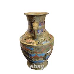 Antique Hand Painted Japanese Champleve Vase Urn Dragon & Phoenix Motif