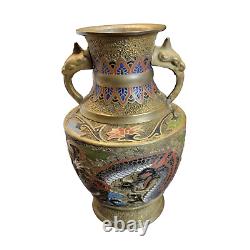 Antique Hand Painted Japanese Champleve Vase Urn Dragon & Phoenix Motif
