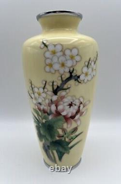 Antique Japanese 10 Yellow Cloisonne Vase w Cherry Blossoms & Chrysanthemum