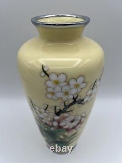 Antique Japanese 10 Yellow Cloisonne Vase w Cherry Blossoms & Chrysanthemum