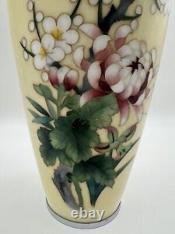 Antique Japanese 10 Yellow Cloisonne Vase w Cherry Blossoms & Chrysanthemum