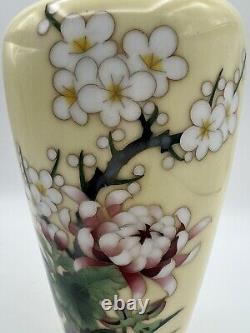 Antique Japanese 10 Yellow Cloisonne Vase w Cherry Blossoms & Chrysanthemum