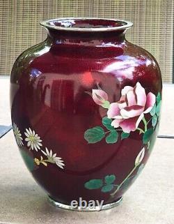 Antique Japanese 6 Pigeon Blood Ginbari Cloisonne Vase Wild Flowers & Roses