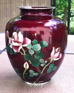 Antique Japanese 6 Pigeon Blood Ginbari Cloisonne Vase Wild Flowers & Roses