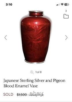 Antique Japanese Akasuke Cloisonne Ginbari Vase 7 Birds & Bamboo Pigeon Blood