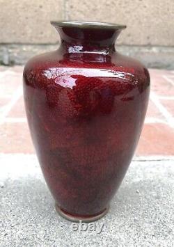Antique Japanese Akasuke Ginbari Pigeon Blood Red Cloisonne Vase Fish Design