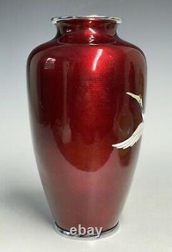 Antique Japanese Ando Era 19th / 20th Meiji Red Crane Wireless Cloisonne Vase