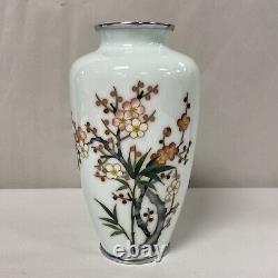 Antique Japanese Ando Jubei Cloisonne Cherry Blossom Bamboo Vase 7 1/4 ca. 1905