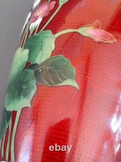 Antique Japanese Ando Jubei cloisonne Flowers & Bamboo red vase 7 ca. 1910