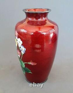 Antique Japanese Ando Jubei cloisonne Flowers & Bamboo red vase 7 ca. 1910