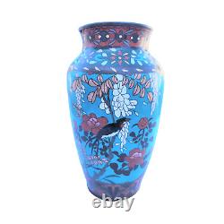 Antique Japanese Bird of Prey Cherry Blossom Wisteria Cloisonné Enamel Vase