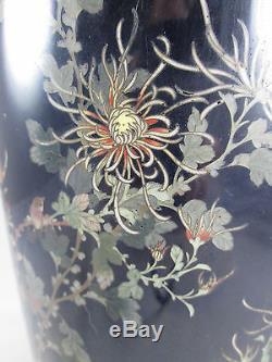 Antique Japanese Black Cloisonne Chysanthemum Vase Large 9 1/2 Meiji NR