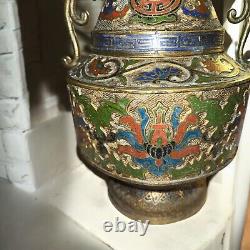 Antique Japanese Bronze Champleve Cloisonné Enamel Vase Dragon Handle 12